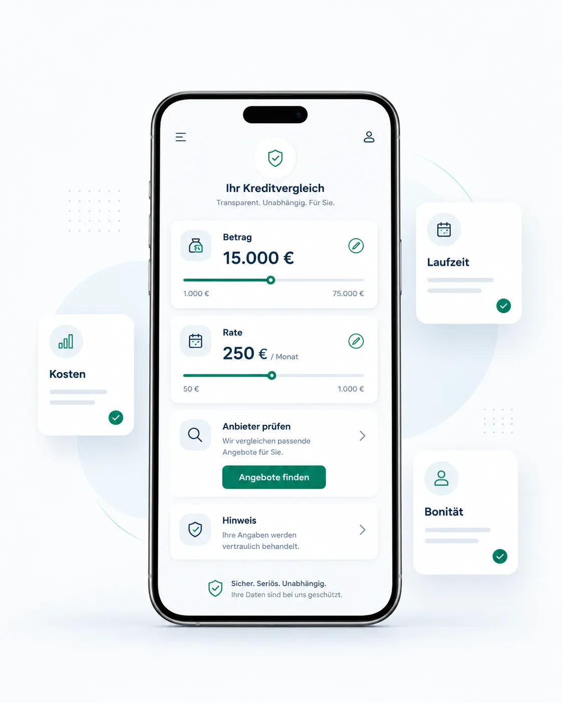 Mobile Kredaro Oberfläche für Betrag, Rate, Bonität und Anbieterprüfung