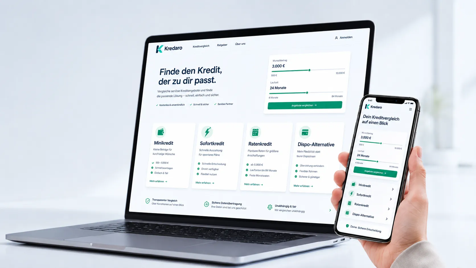 Kredaro Kreditprüfung auf Laptop und Smartphone mit Karten für Minikredit, Sofortkredit und Dispo-Alternative